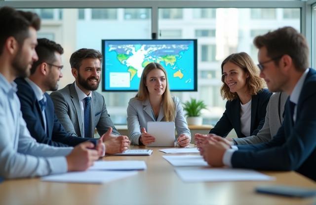 Alpenweg Logistics team members in a meeting discussing logistics routes